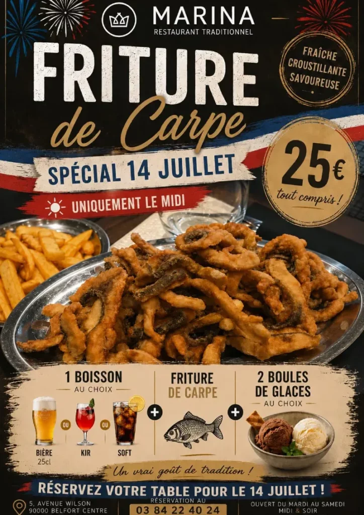 1 menu friture de carpe 14 juillet 2026. midi